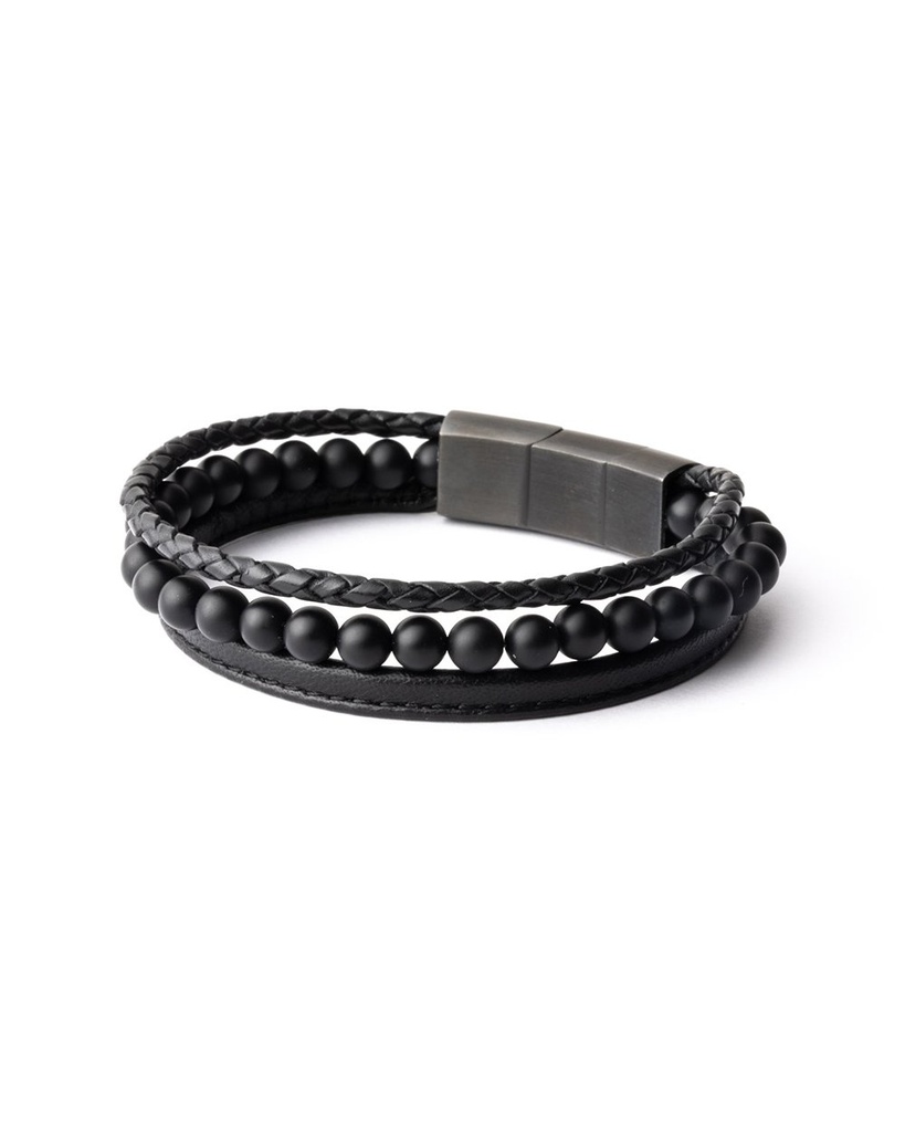 Gemini - Bracelet OLYMPUS Triple avec pierre Onyx 6 mm et cuir Nappa (Triple noir)