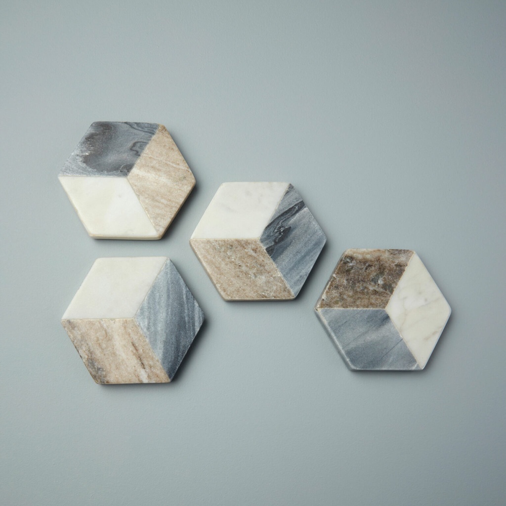 BE HOME - Sous-verres hexagonaux en marbre géométrique, lot de 4